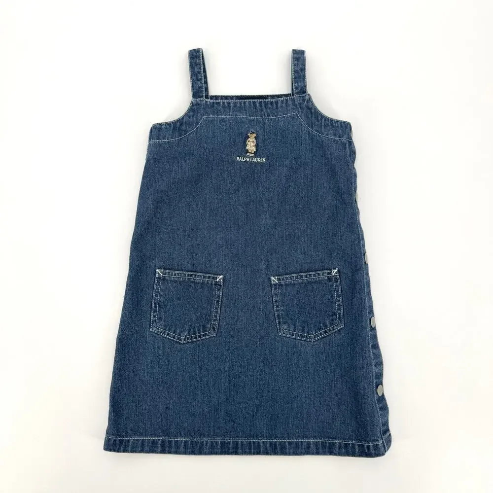 Vintage Girls 5 RALPH LAUREN Polo Teddy Bear Y2K Denim Jumper Dress Blue Jean